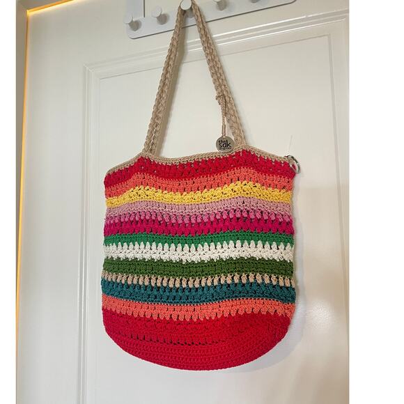 The Sak Rainbow Stripe Crochet Shoulder Bag Multicolor Tote Purse Zipper Close - Picture 1 of 5